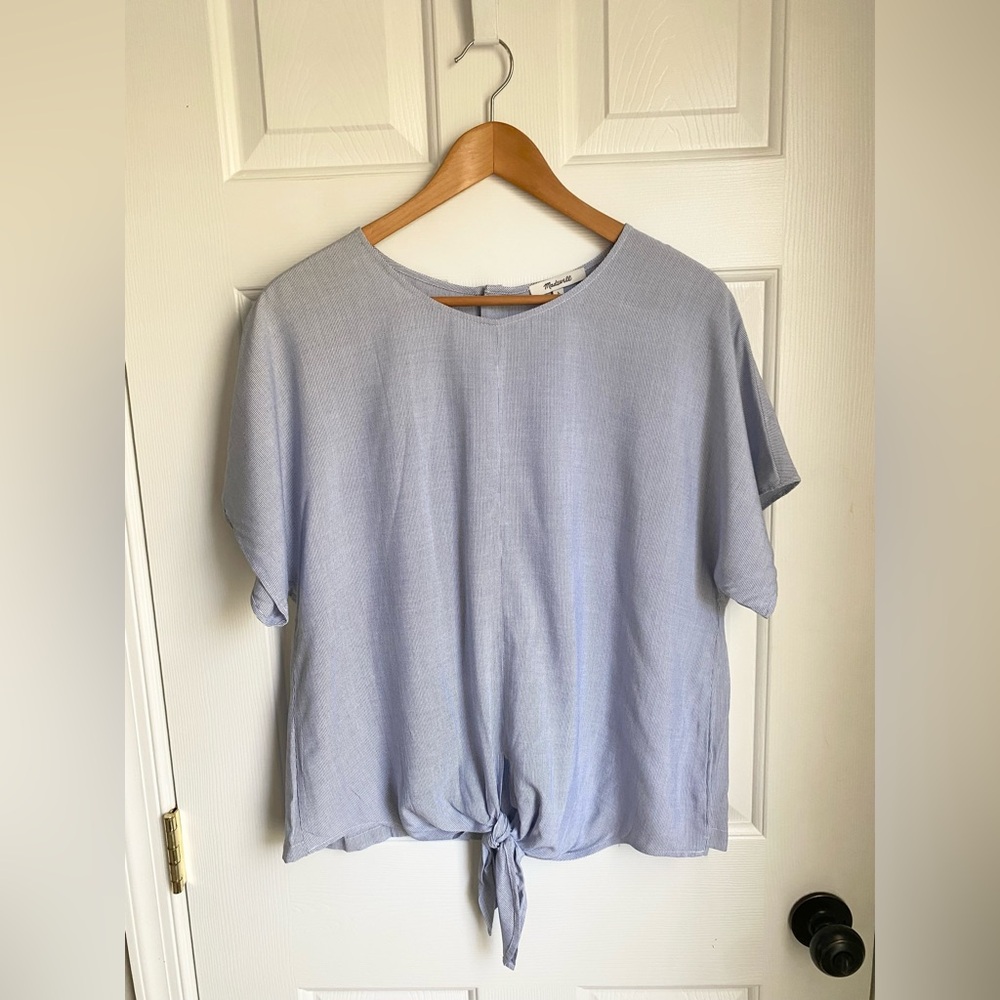 Madewell Blue & White Button-Back Micro Stripe Tie Front Short Sleeve Blouse